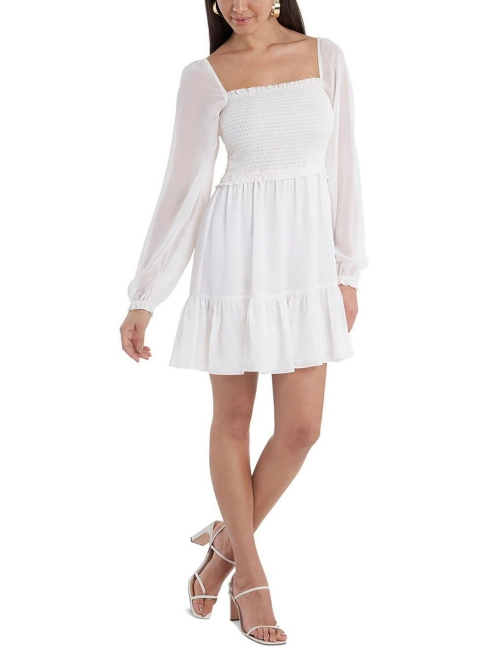1. State White Smocked Square-Neck Mini Dress with Sheer Long Sleeves